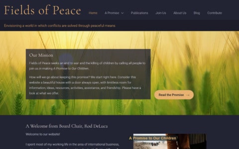 Screenshot of the home page of Fields of Peace. The header is a dark gray with gold lettering. There is a big photo of wheat field in golden light with layered over it a block of text with the mission statement on a dark semi-transparent background. Next to the text is a golden button leading to the heart of the site.