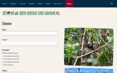 Donatiepagina van de Green Heritage Fund Suriname in Nederland