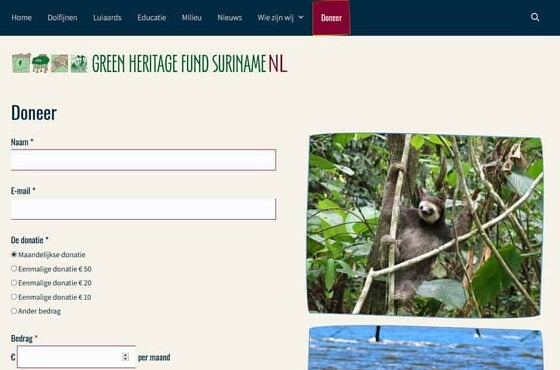 Donation page for the Green Heritage Fund Suriname in the Netherlands