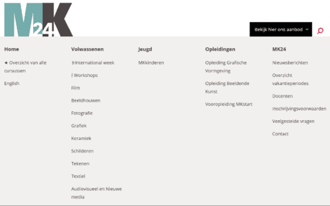 Screenshot van het uitgeklapte megamenu met alle afdelingen zichtbaar