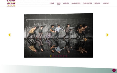 Screenshot of the about page with a slidehow of young people acting. The top of the photo is slanted and the footer of the page is slanted in the opposite direction. The back-to-top button is shaped like a hexagon