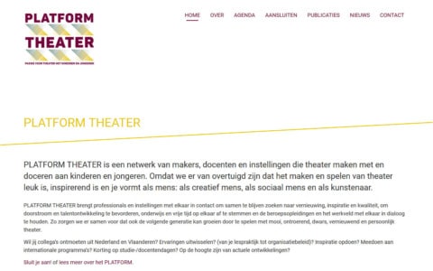 Screenshot of the home page: white background, slanted yellow line seperating the header from the body of the text.