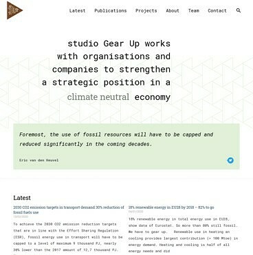 screenshot of studio Gear Up's home page with its different sections, the logo's triangle comes back in buttons and background patterns
