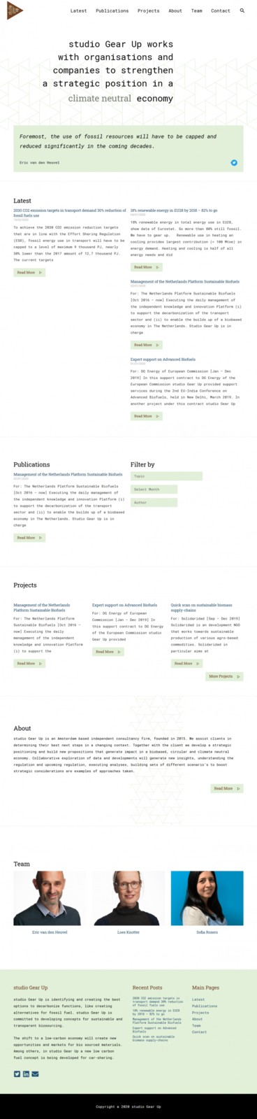 screenshot of studio Gear Up's home page with its different sections, the logo's triangle comes back in buttons and background patterns